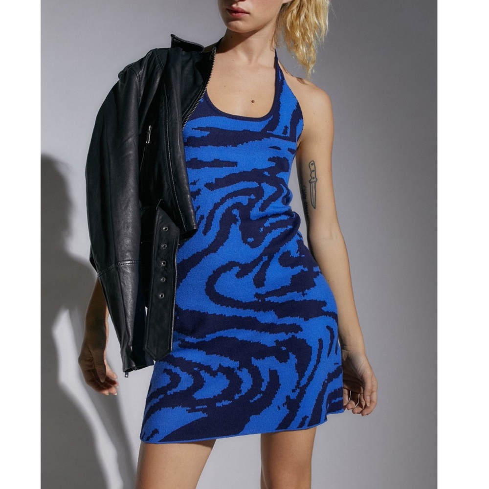 Urban Outfitters Blue and Black Patterned Jayden Halter Mini Dress